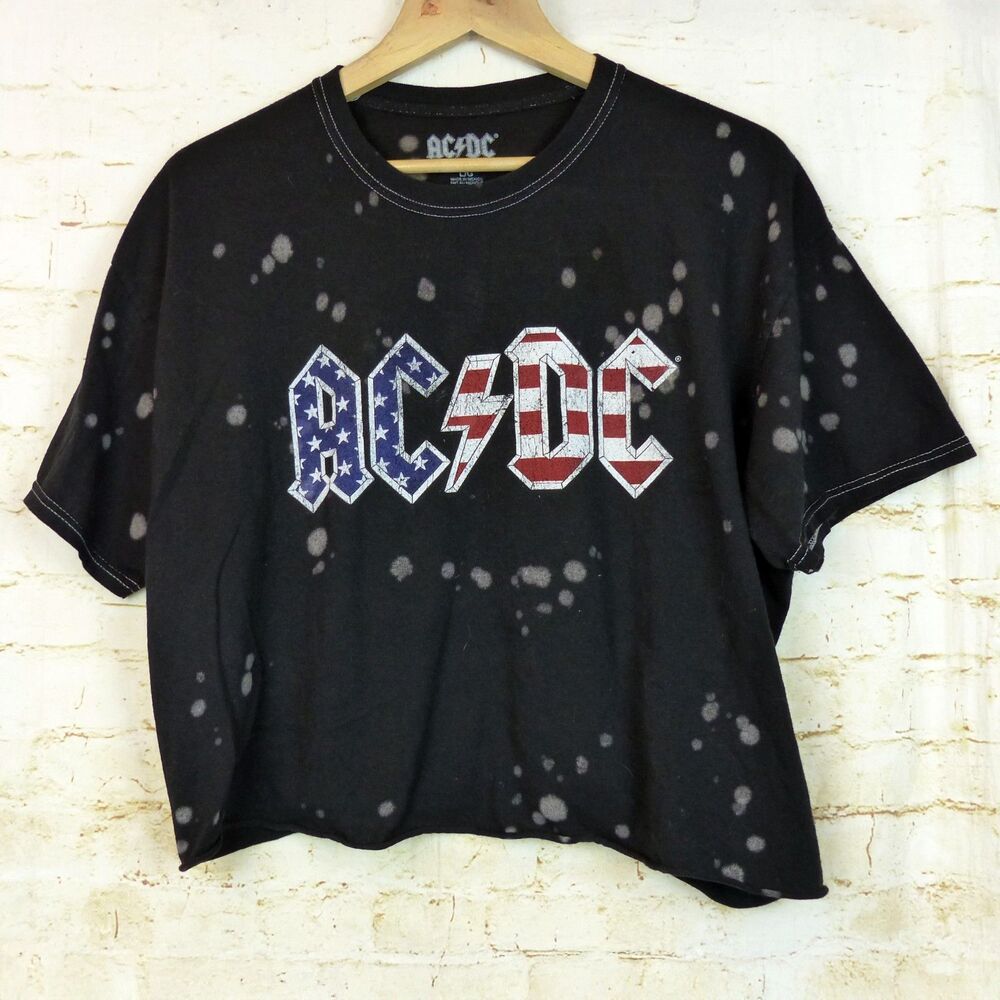 AC/DC Crop T Shirt Womens L Black Splatter American Logo US Tour Graphic Rock